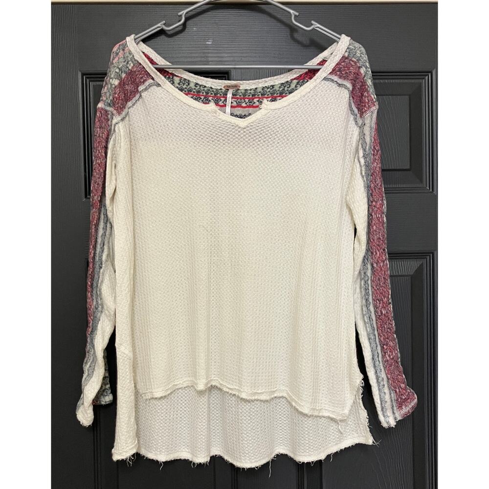 Free People Thermal Waffle Knit Long Sleeve Top Ivory Mixed Print XS Boho Casual